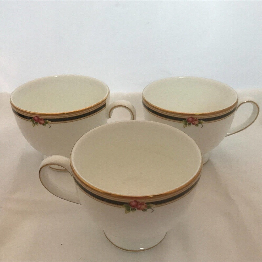 WEDGWOOD "Clio" Leigh Shape Footed Tea Cup-Bone w/Black + Gold Bands ,Floral Rim